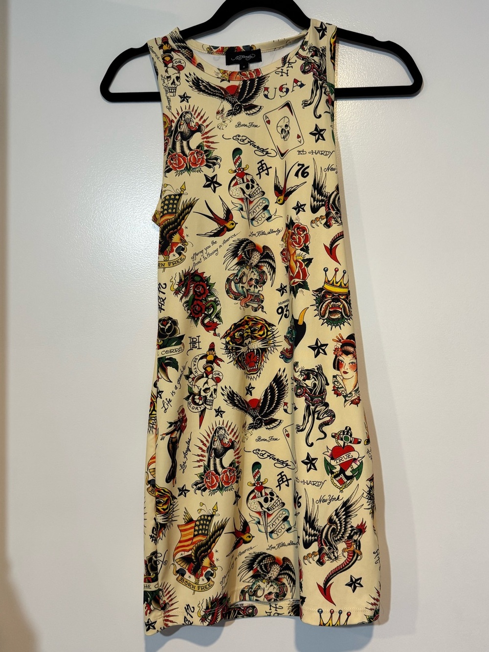 Ed Hardy Cream Tattoo-Print Mini Dress with Red, Black and Green Accents